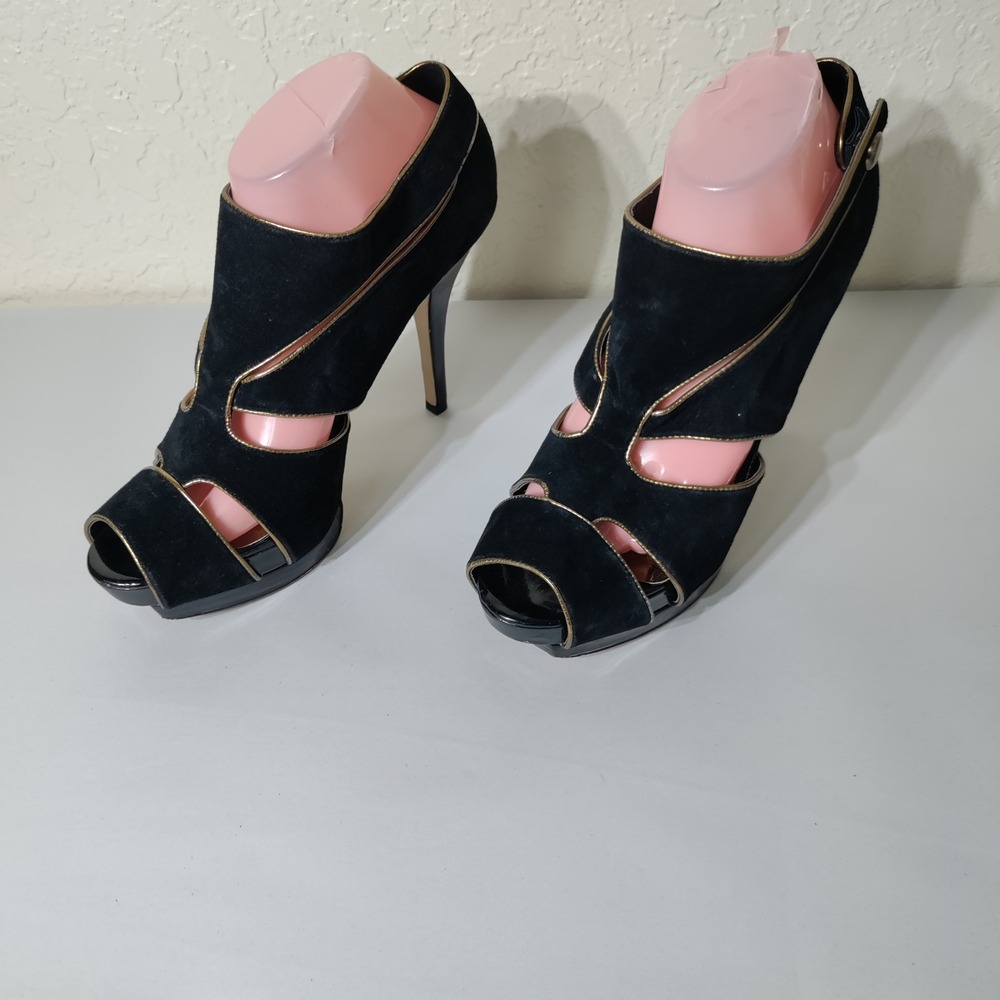 Baby Phat Womens Black Suede Gold Trim Peep Toe Cutout Platform Heels Size 10M
